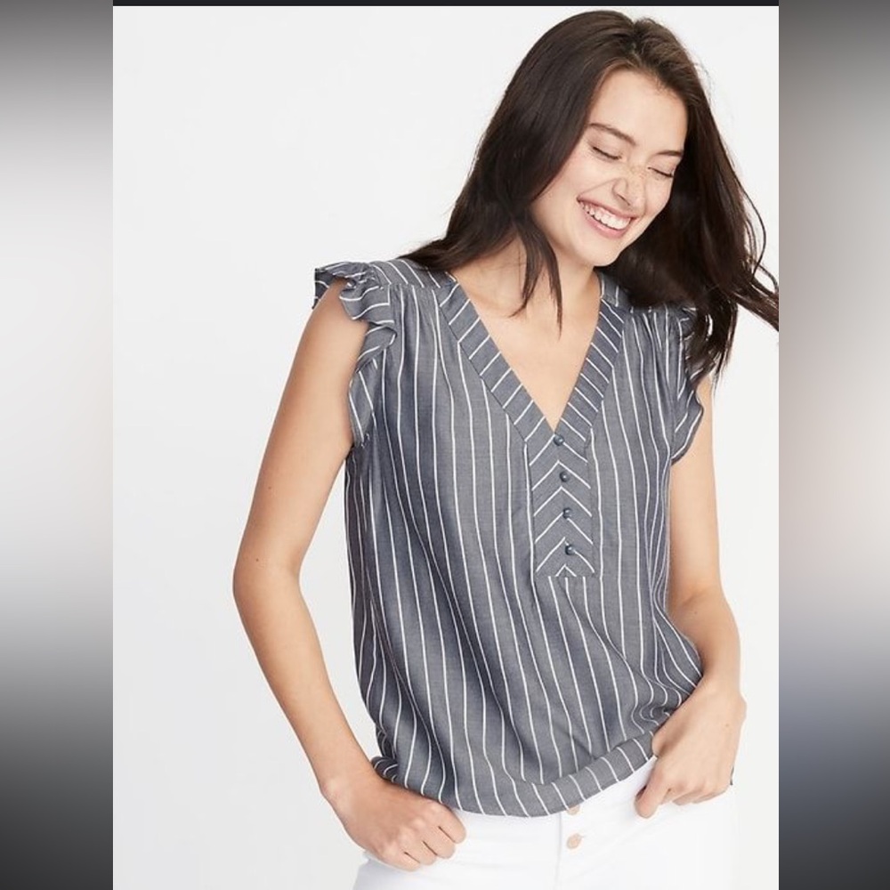 Old Navy Gray White Stripe Ruffle Trim Blouse